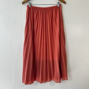 See You Monday Coral Pleated Chiffon A-Line Midi Skirt L Lined Elastic Waist